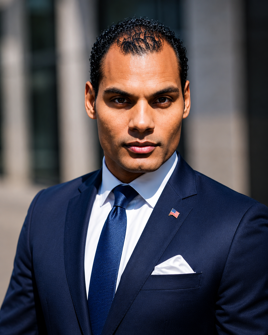 Dr. Samuel Hickson in a navy suit and tie, photographed outdoors in natural light