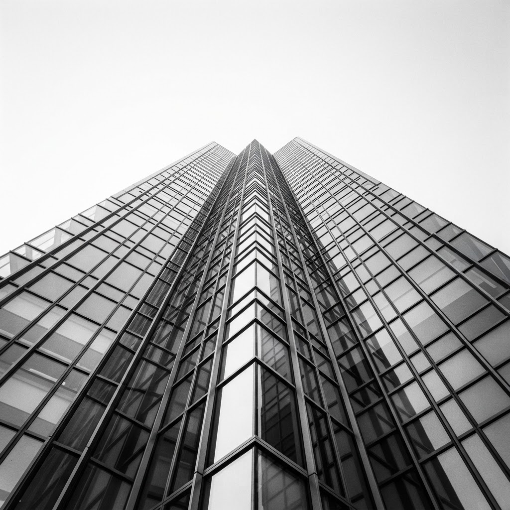 Low-angle black-and-white view looking up at a modern university building's glass facade reflecting a bright sky